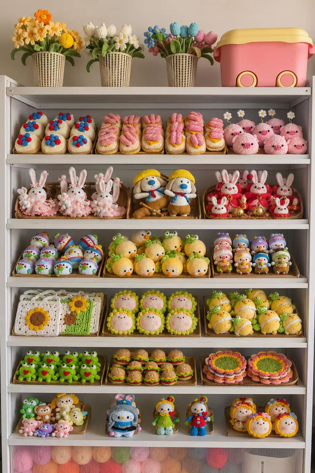 A shelf full of handmade crochet creations